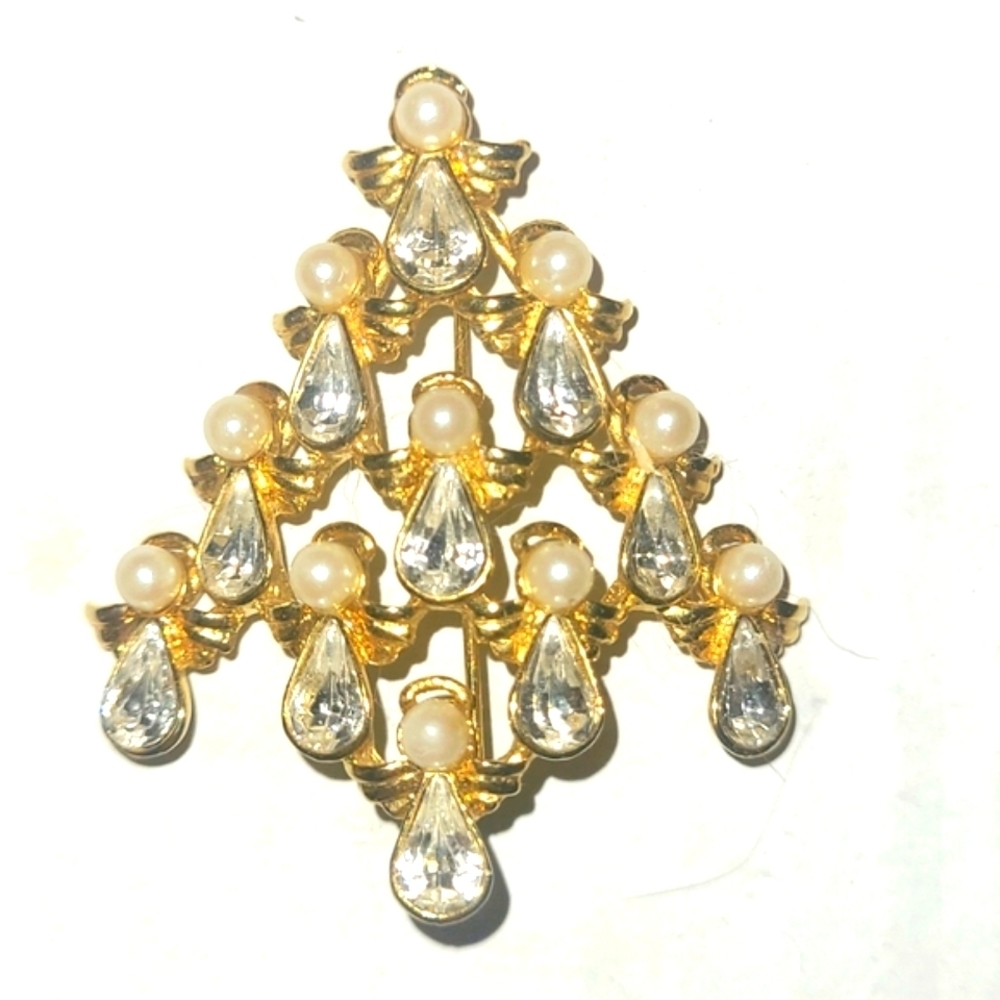 Kim Rogers Christmas Tree Brooch Gold Crystal Pearl Bead Holiday Jewelry Elegant
